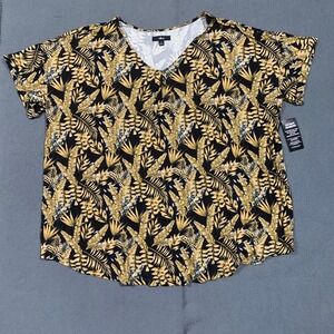 Ellos Womens 2X 26/28 Black Gold Tropical Leaf V Neck Short Sleeve T-Shirt Top
